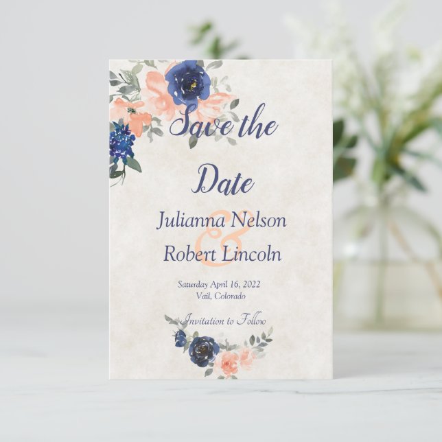 Pfirsich und blauer Aquarell Blütenblütenblütenblü Einladung (Stehend Vorderseite)