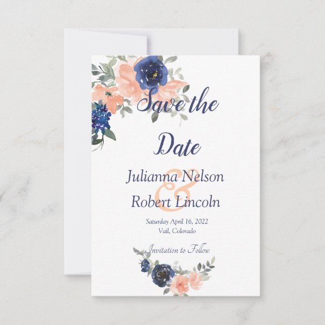 Pfirsich und blauer Aquarell Blütenblütenblütenblü Einladung (Vorderseite)