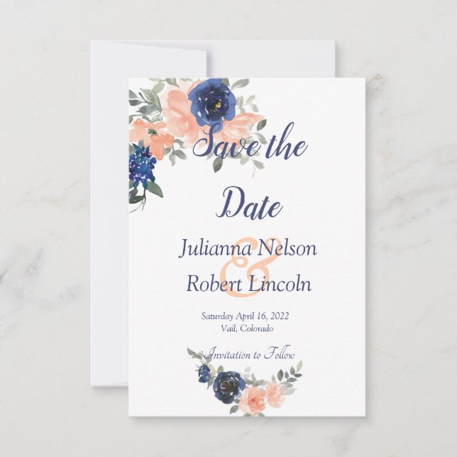 Pfirsich und blauer Aquarell Blütenblütenblütenblü Einladung (Vorderseite)