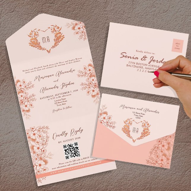 Pfirsich und Blush Pink Monogram Wedding All In One Einladung (Von Creator hochgeladen)