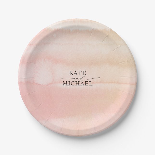 Pfirsich und Blush Pink Wasserfarben Hochzeit Pappteller (Vorderseite)