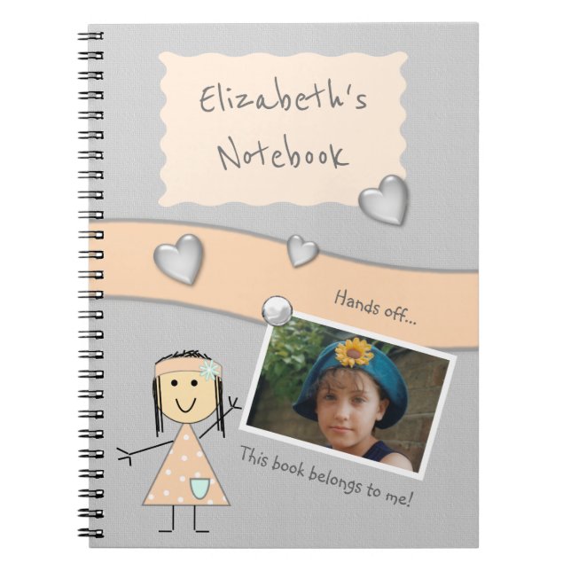 Pfirsich und grau mit Herzen einen Namen und Foto Notizblock (Vorderseite)