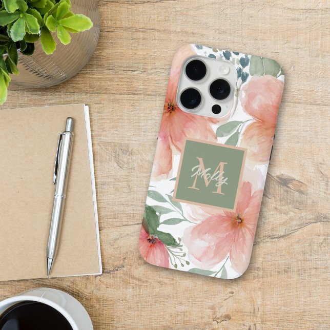 Pfirsich und grüne Aquarellblume mit Monogramm Case-Mate iPhone Hülle (Von Creator hochgeladen)