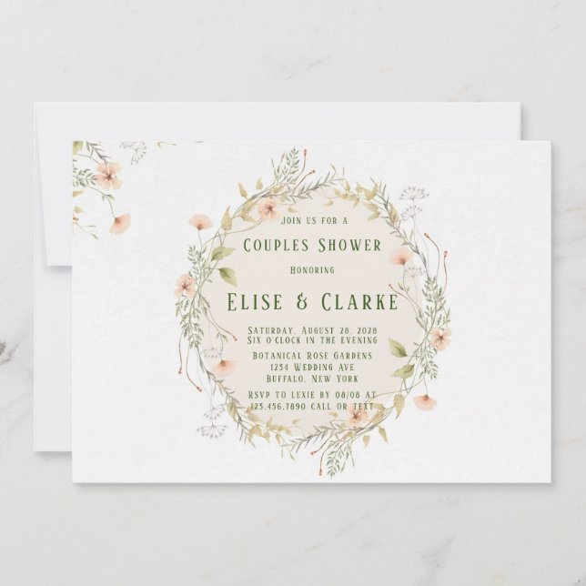 Pfirsich und grüne Wildblumen Kränzpaare Dusche Einladung (Vorderseite)