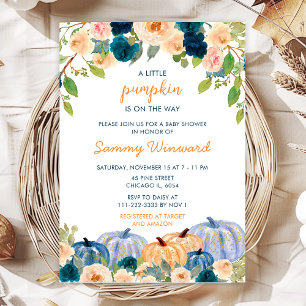 Pfirsich- und Marineblaue Kürbisse Baby Shower Einladung