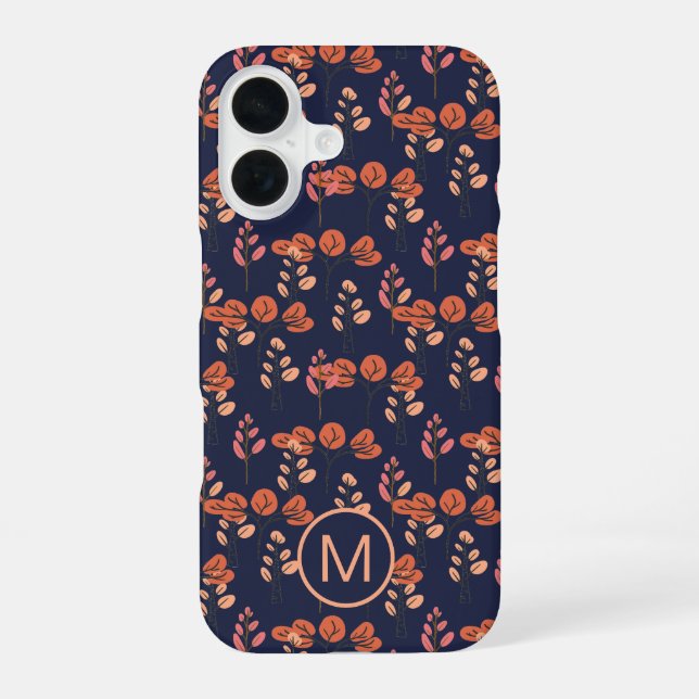 Pfirsich und Navy modernes Blumenmuster Monogramm iPhone 16 Hülle (Rückseite)