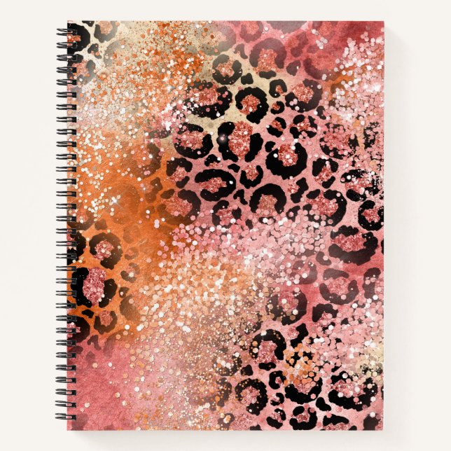 Pfirsich und Pink Glitzer Leopard Print Notizbuch (Vorderseite)
