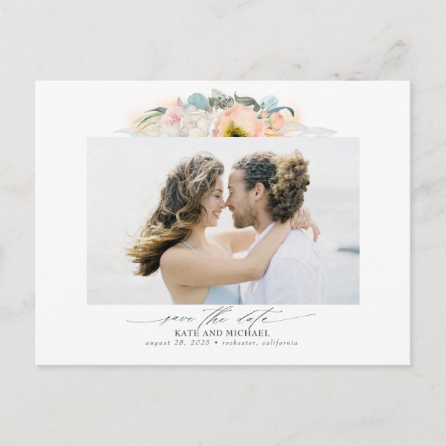 Pfirsich und rosa Blume Save the Date Foto Ankündigungspostkarte (Vorderseite)