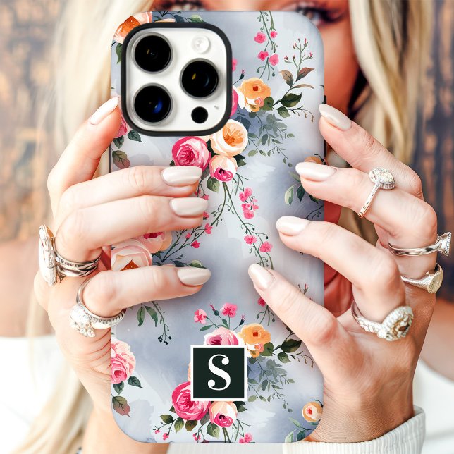 Pfirsich- und Rosé-Monogramm-Blumenmuster Case-Mate iPhone Hülle (Von Creator hochgeladen)