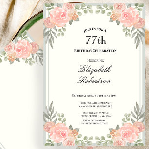 Pfirsich- und Salbei-Grün Floral 77. Geburtstag Einladung