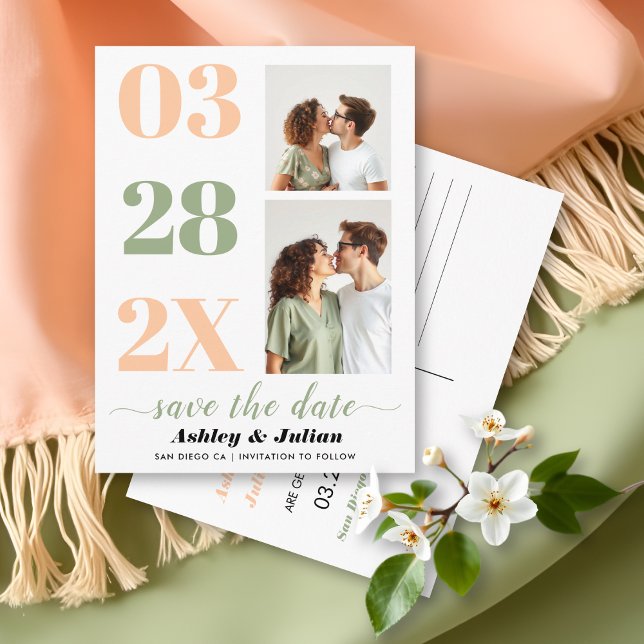 Pfirsich und Salbei grün zwei Foto Save the Date Postkarte (Von Creator hochgeladen)