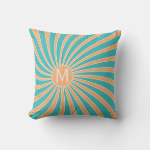 Pfirsich- und Türkis-Retro-Sonnenstrahl-Design Kissen