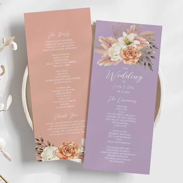 Pfirsich- und violette Blumenhochzeitsprogrammkart Programm (Von Creator hochgeladen)