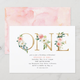 Pfirsich und Weiße Floral Erster Geburtstag Einlad Einladung