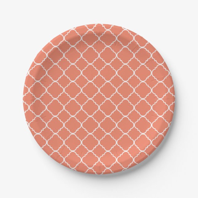Pfirsich und weißes Quatrefoil Pappteller (Vorderseite)