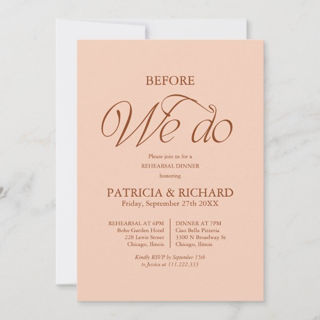 Pfirsich vor unserer Hochzeitsprobe Dinner Einladung (Vorderseite)