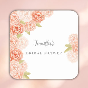 PFIRSICH-WATERCOLOR-BLUMEN-BRIDAL-SHOWER QUADRATISCHER AUFKLEBER