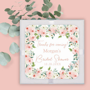 Pfirsich Weiße Florale Hochzeitsdusche Favor Quadratischer Aufkleber