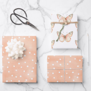 Pfirsich Weiße Punkte Schmetterlinge Geburtstag Geschenkpapier Set