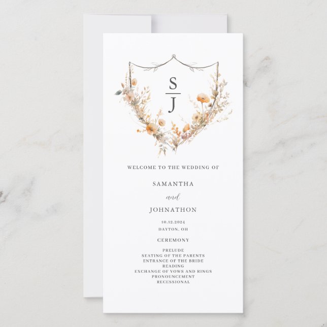 Pfirsich-Wildblumen-Hochzeitsprogramm (Vorderseite)