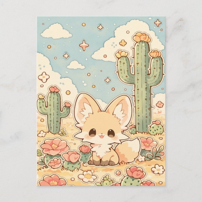 Pfirsich Wüstenblüte Kawaii Fennek Fuchs Postkarte (Vorderseite)