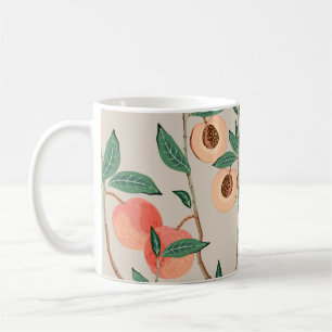 Pfirsichbaumzweige mit Blättern und Früchten auf e Kaffeetasse