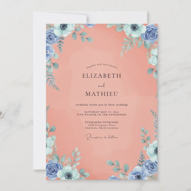 Pfirsichblaue Blättchen-Hochzeit Einladung (Vorderseite)
