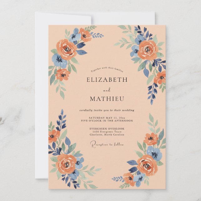 Pfirsichblaue Blütenbogen-Hochzeit Einladung (Vorderseite)