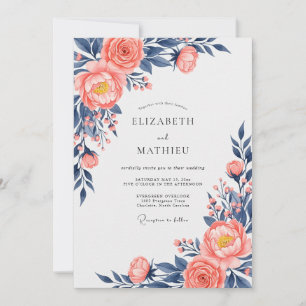 Pfirsichblaue Navy Exquisite Hochzeitsblumen Einladung