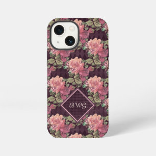 Pfirsichblüten auf violettem Diamant-Monogramm iPhone 13 Mini Hülle