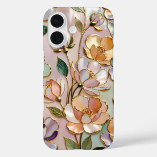 Pfirsichblüten-Buntglas-Handyhülle Wildblumen iPhone 16 Hülle