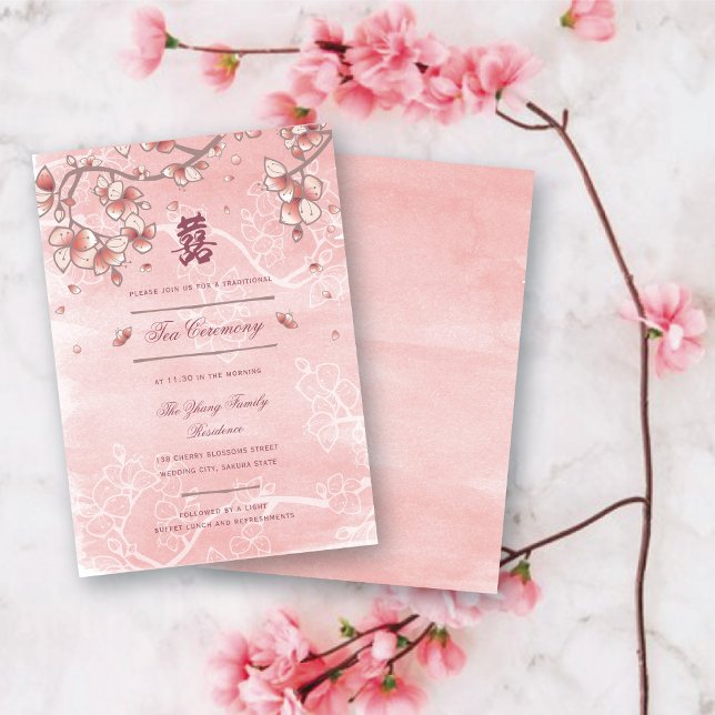 Pfirsichblüten Doppelglücklichkeit chinesische Hoc Begleitkarte (Pink Peach/Plum Blossoms Double Happiness Elegant Chinese Wedding Enclosure Card @ fatfatin_red_knot)