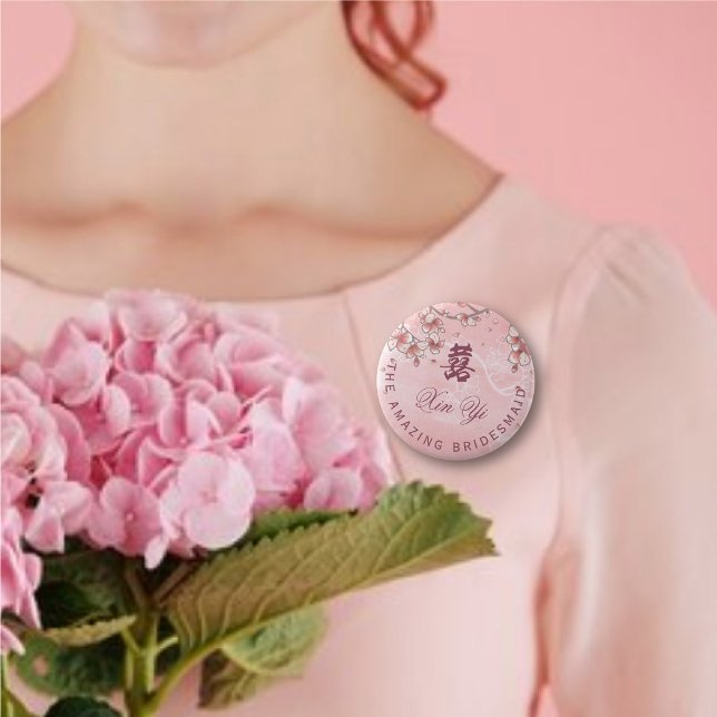 Pfirsichblüten Doppelglücklichkeit chinesische Hoc Button (BRIDESMAID Pink Peach/Plum Blossoms Double Happiness Chinese Wedding Pin Button @ fatfatin_red_knot)