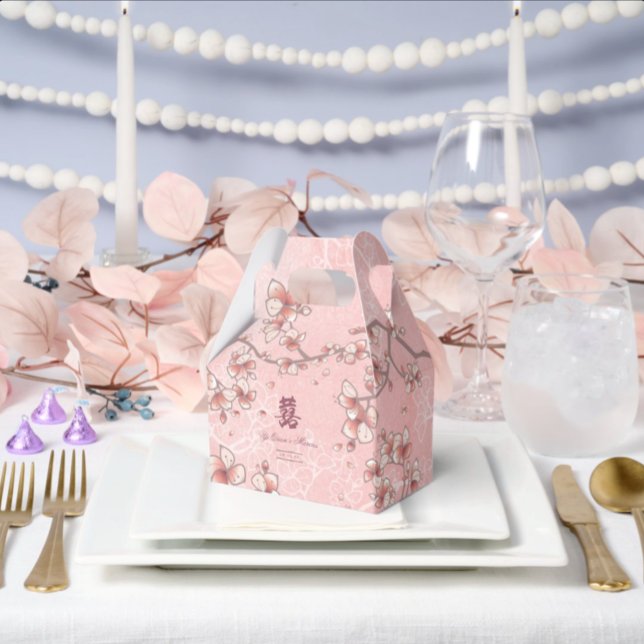 Pfirsichblüten Doppelglücklichkeit chinesische Hoc Geschenkschachtel (Pink Peach Blossoms Double Happiness Elegant Chinese Wedding Favor Boxes @ fatfatin_red_knot)