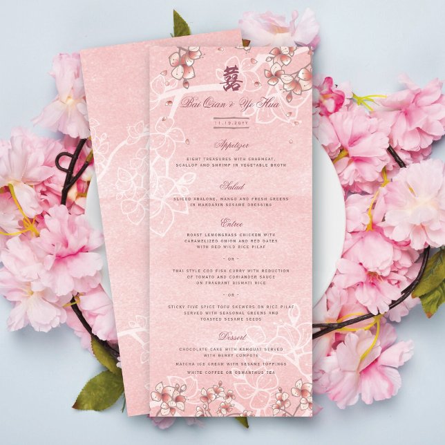 Pfirsichblüten Doppelglücklichkeit chinesische Hoc Menükarte (Pink Peach/Plum Blossoms Double Happiness Elegant Chinese Wedding Menu Card @ fatfatin_red_knot)