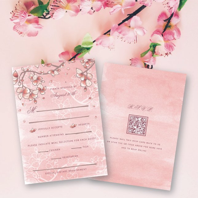 Pfirsichblüten Doppelglücklichkeit chinesische Hoc RSVP Karte (Pink Peach/Plum Blossoms Double Happiness Elegant Chinese Wedding RSVP Card @ fatfatin_red_knot)
