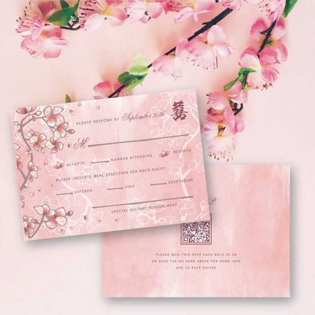 Pfirsichblüten Doppelglücklichkeit chinesische Hoc RSVP Karte (Pink Peach/Plum Blossoms Double Happiness Elegant Chinese Wedding RSVP Card @ fatfatin_red_knot)