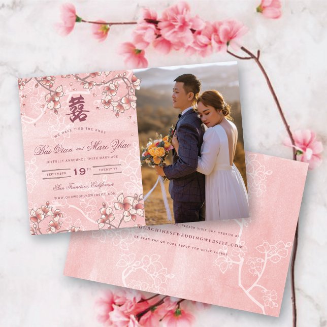 Pfirsichblüten Doppelglücklichkeit chinesische Hoc Save The Date (Pink Peach Blossoms Double Happiness Elegant Chinese Wedding Photo Announcement @ fatfatin_red_knot)