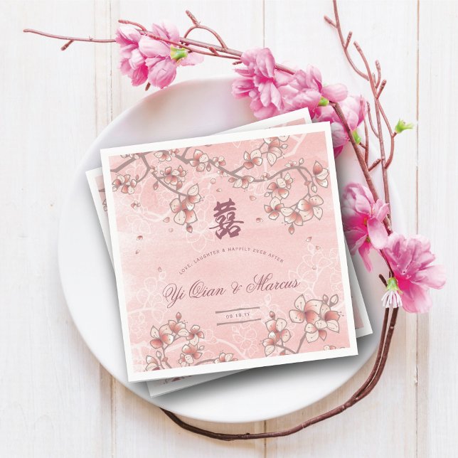 Pfirsichblüten Doppelglücklichkeit chinesische Hoc Serviette (Pink Peach/Plum Blossoms Double Happiness Elegant Chinese Wedding Paper Napkins @ fatfatin_red_knot)