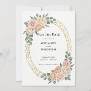 Pfirsichblüten- & Goldgitter-Hochzeit Save The Date