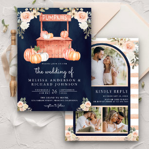 Pfirsichblüten-Kürbismarkt QR-Code Navy-Hochzeit Einladung