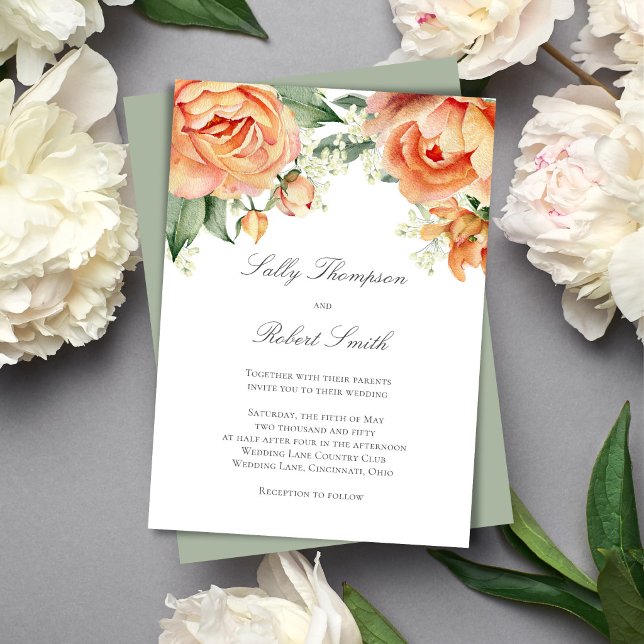 Pfirsichblüten Oberer Rand Elegantes Skript Hochze Einladung (Romantic peach floral wedding design with soft watercolor blooms and elegant script for a timeless.)