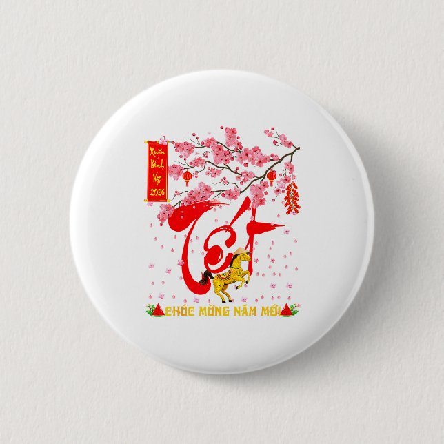 Pfirsichblüten Vietnamesisches Neujahrsfest Pferd  Button (Vorderseite)