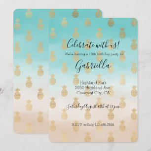 Pfirsichcreme-Aqua-Ombre-Gold-Ananas-Geburtstag Einladung