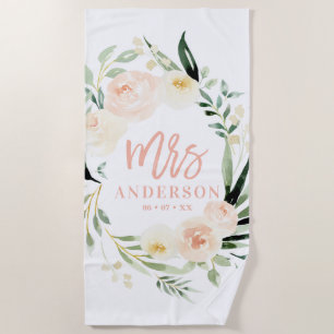 Pfirsichcreme, grüne Aquarellblütenhochzeit Strandtuch