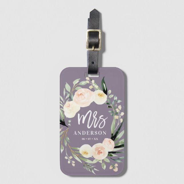 Pfirsichcreme grüne Aquarellfarben Blütenhochzeit  Gepäckanhänger (Vorderseite Vertikal)