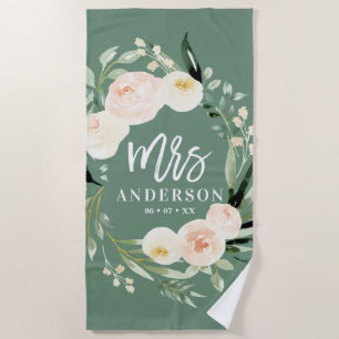 Pfirsichcreme grüne Aquarellfarben Blütenhochzeit  Strandtuch
