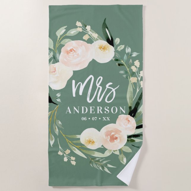 Pfirsichcreme grüne Aquarellfarben Blütenhochzeit  Strandtuch (Vorderseite)