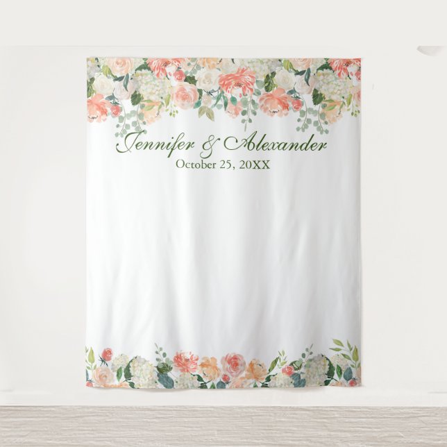 Pfirsiche Cream Floral Wedding Foto Stand Hintergr Wandteppich (Vorderseite)
