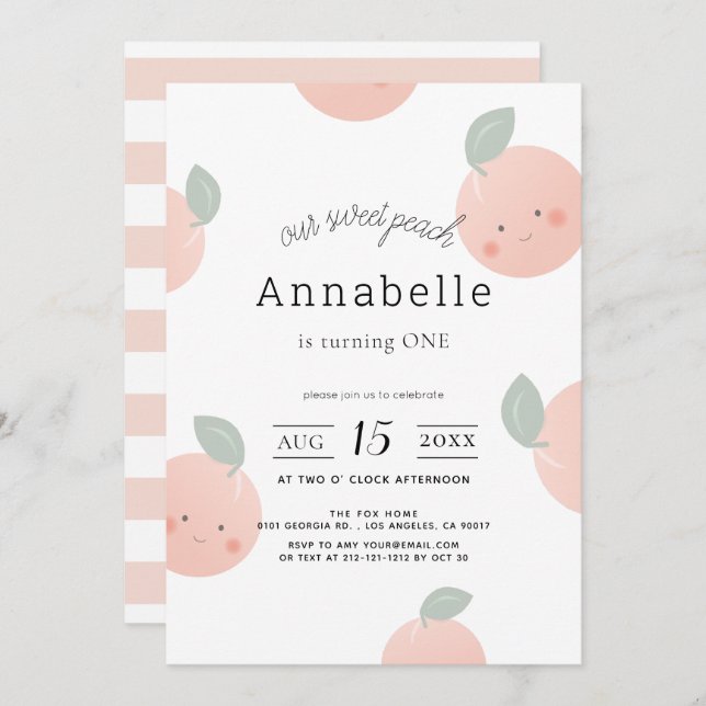 Pfirsiche & Creme Niedlich Kawaii Girl 1. Geburtst Einladung (Vorne/Hinten)